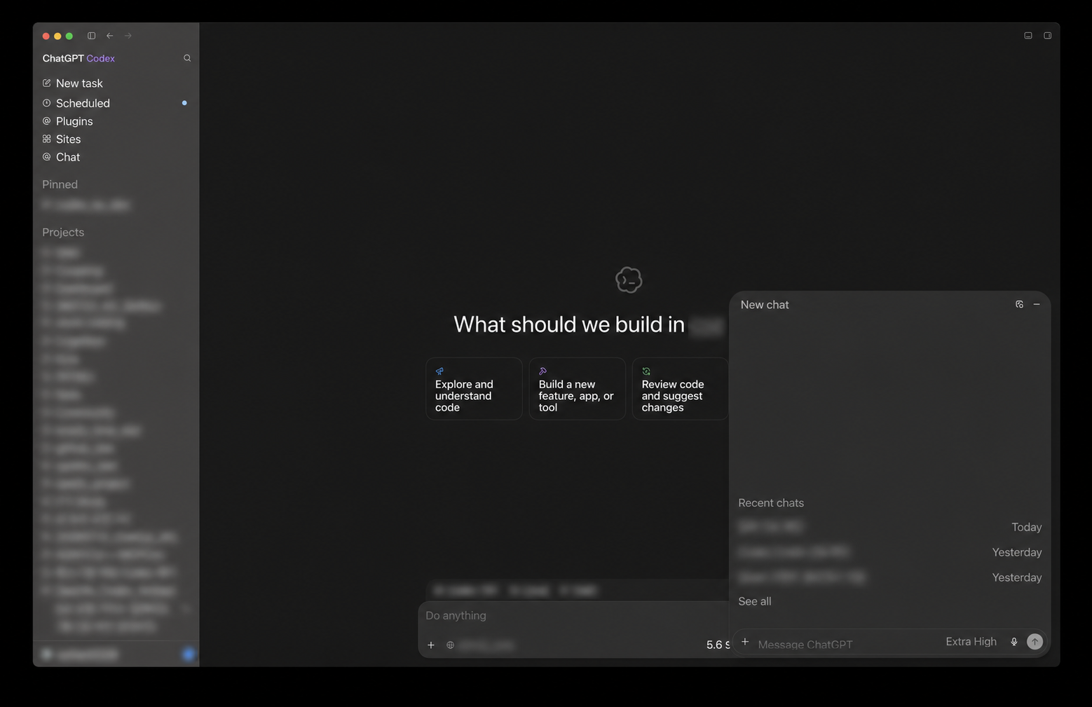 Chat overlay opened above a Codex task in the ChatGPT desktop app