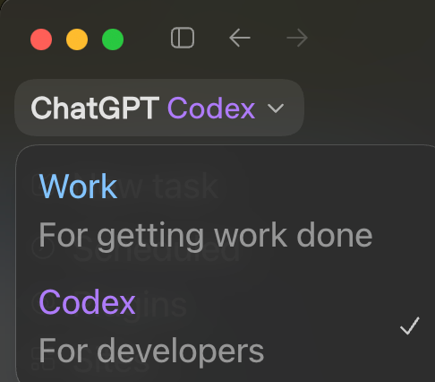 ChatGPT desktop app workspace menu switching between Work and Codex